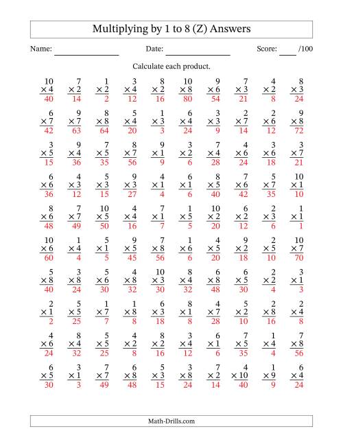 The Multiplying (1 to 10) by 1 to 8 (100 Questions) (Z) Math Worksheet Page 2