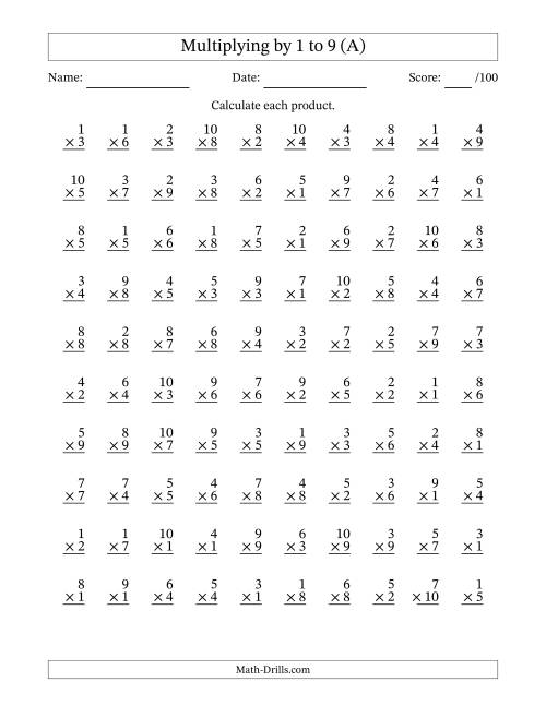 The Multiplying (1 to 10) by 1 to 9 (100 Questions) (A) Math Worksheet