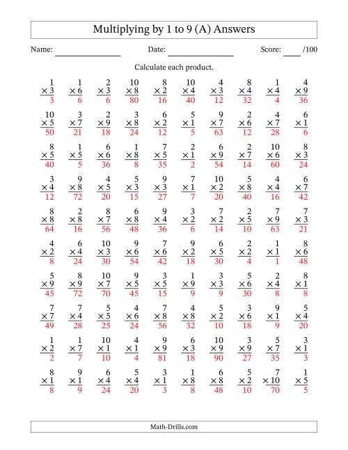 The Multiplying (1 to 10) by 1 to 9 (100 Questions) (A) Math Worksheet Page 2