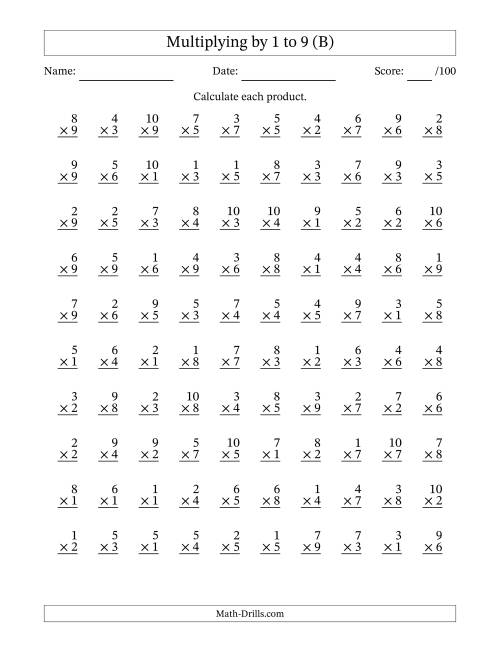 The Multiplying (1 to 10) by 1 to 9 (100 Questions) (B) Math Worksheet