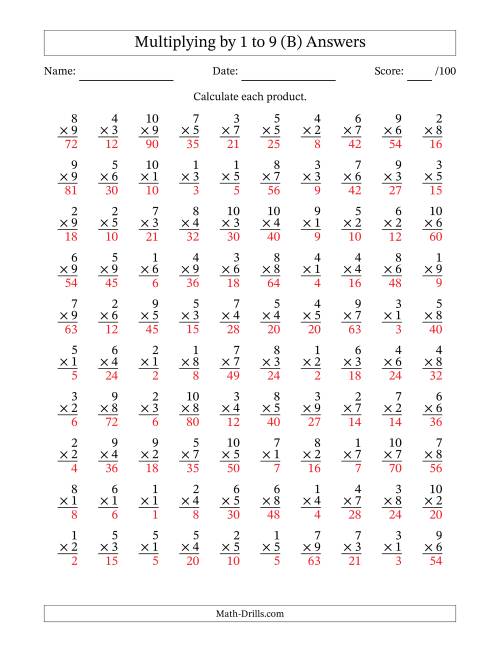 The Multiplying (1 to 10) by 1 to 9 (100 Questions) (B) Math Worksheet Page 2