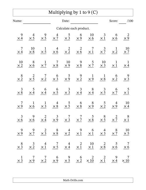 The Multiplying (1 to 10) by 1 to 9 (100 Questions) (C) Math Worksheet