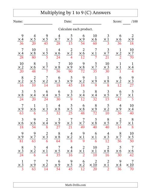 The Multiplying (1 to 10) by 1 to 9 (100 Questions) (C) Math Worksheet Page 2