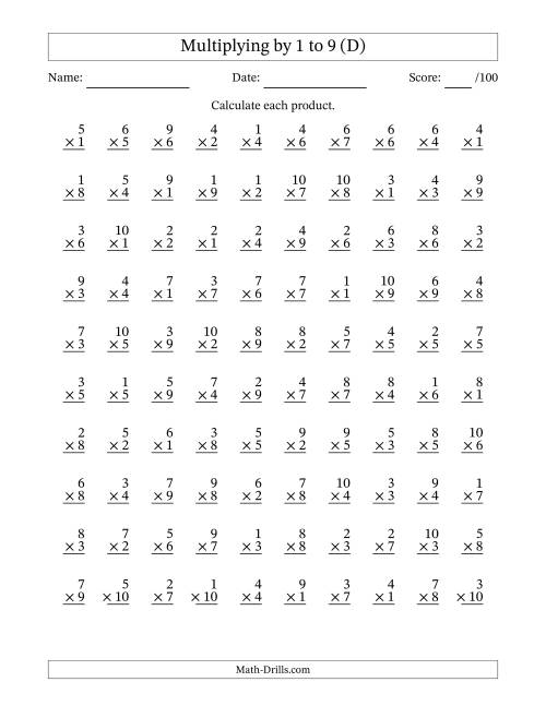 The Multiplying (1 to 10) by 1 to 9 (100 Questions) (D) Math Worksheet