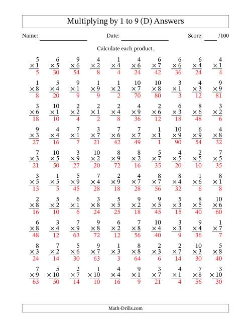 The Multiplying (1 to 10) by 1 to 9 (100 Questions) (D) Math Worksheet Page 2