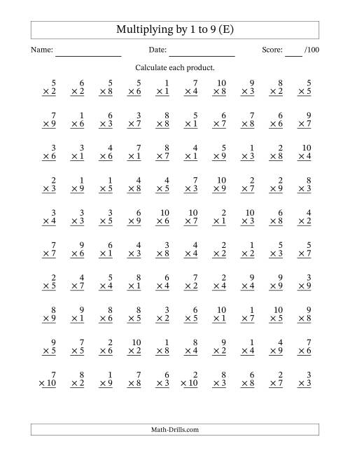 The Multiplying (1 to 10) by 1 to 9 (100 Questions) (E) Math Worksheet