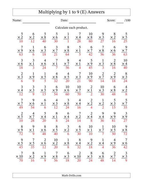 The Multiplying (1 to 10) by 1 to 9 (100 Questions) (E) Math Worksheet Page 2