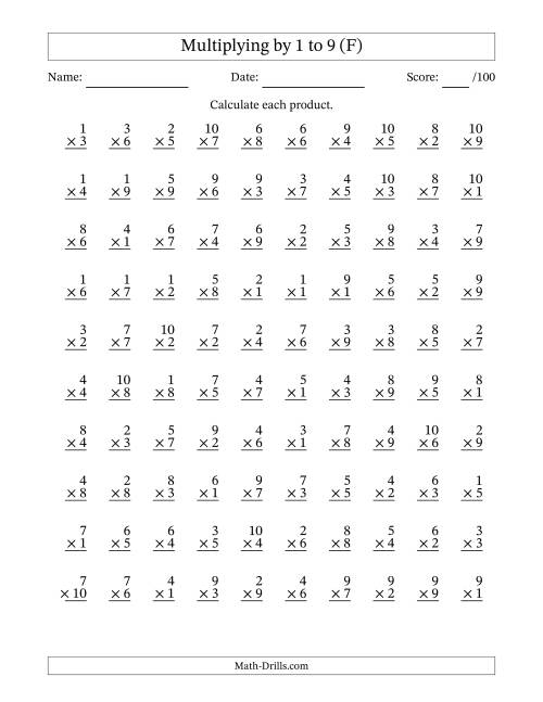 The Multiplying (1 to 10) by 1 to 9 (100 Questions) (F) Math Worksheet