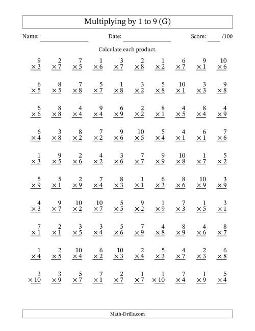 The Multiplying (1 to 10) by 1 to 9 (100 Questions) (G) Math Worksheet