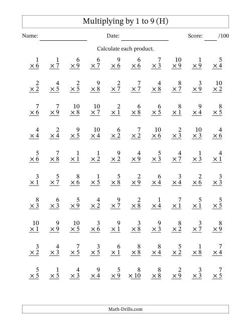 The Multiplying (1 to 10) by 1 to 9 (100 Questions) (H) Math Worksheet