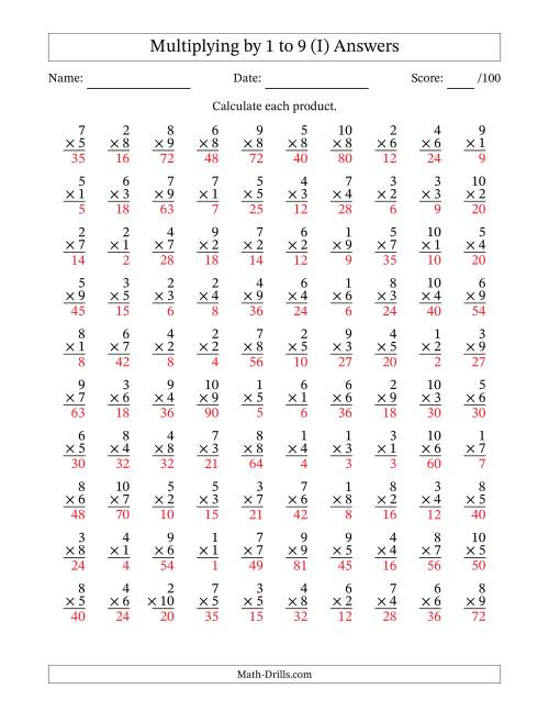 The Multiplying (1 to 10) by 1 to 9 (100 Questions) (I) Math Worksheet Page 2