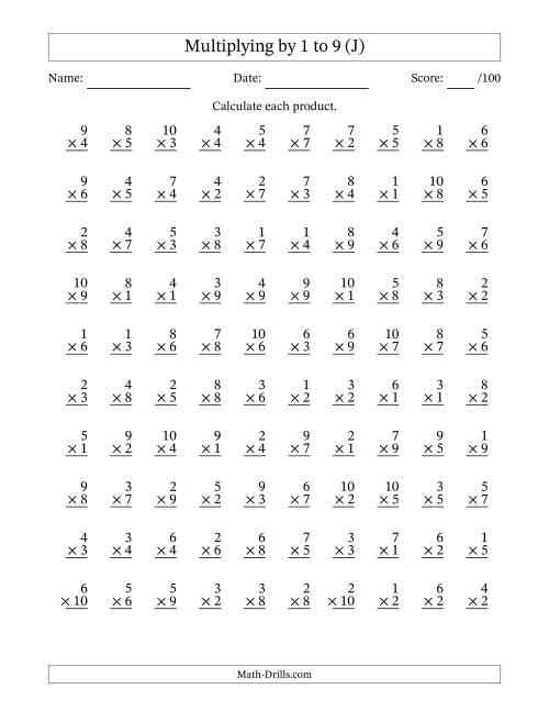 The Multiplying (1 to 10) by 1 to 9 (100 Questions) (J) Math Worksheet