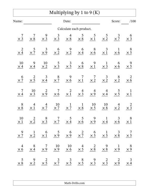 The Multiplying (1 to 10) by 1 to 9 (100 Questions) (K) Math Worksheet