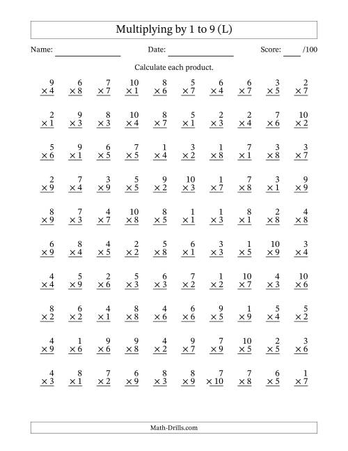 The Multiplying (1 to 10) by 1 to 9 (100 Questions) (L) Math Worksheet