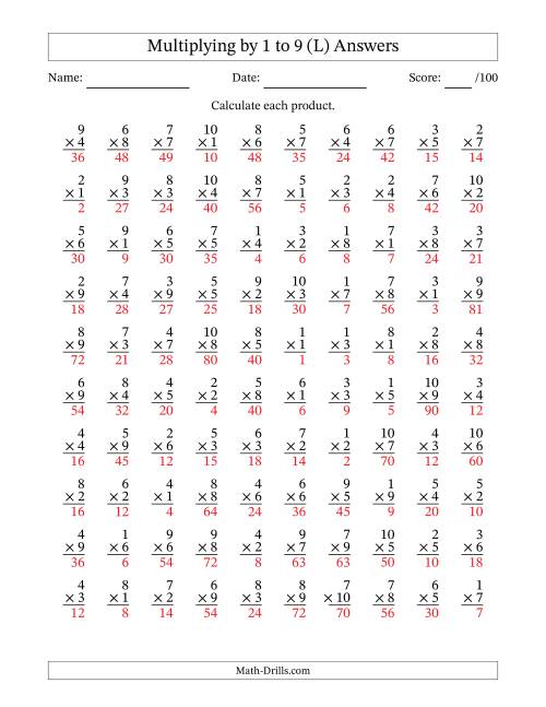 The Multiplying (1 to 10) by 1 to 9 (100 Questions) (L) Math Worksheet Page 2