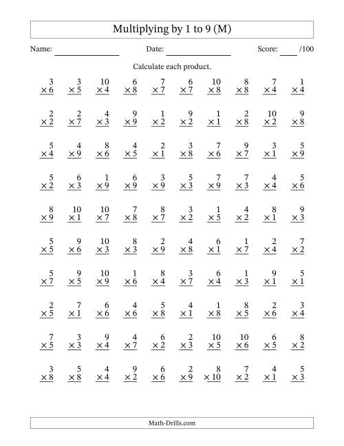 The Multiplying (1 to 10) by 1 to 9 (100 Questions) (M) Math Worksheet