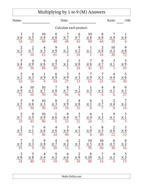 The Multiplying (1 to 10) by 1 to 9 (100 Questions) (M) Math Worksheet Page 2