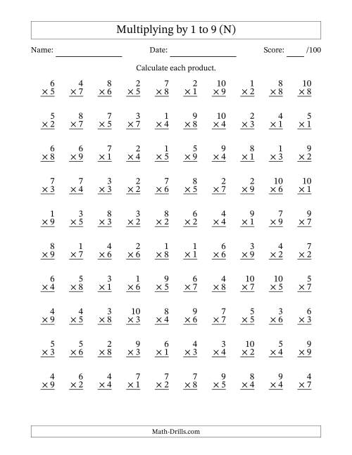 The Multiplying (1 to 10) by 1 to 9 (100 Questions) (N) Math Worksheet