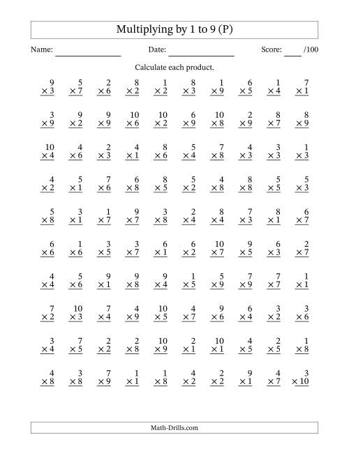 The Multiplying (1 to 10) by 1 to 9 (100 Questions) (P) Math Worksheet