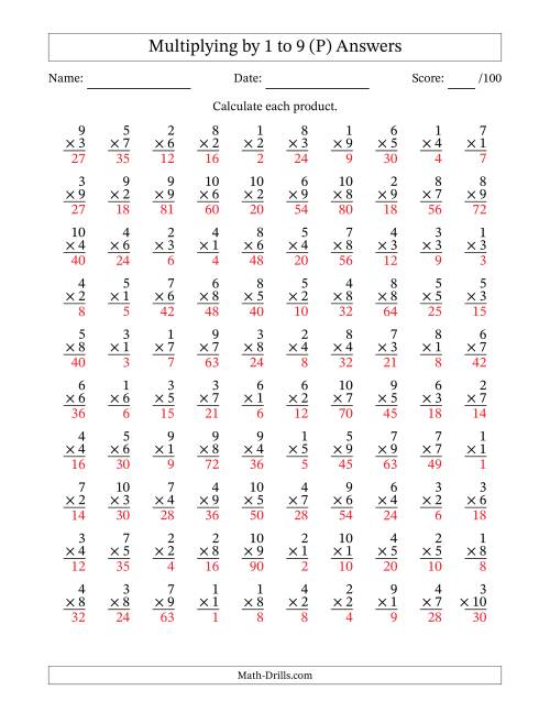 The Multiplying (1 to 10) by 1 to 9 (100 Questions) (P) Math Worksheet Page 2