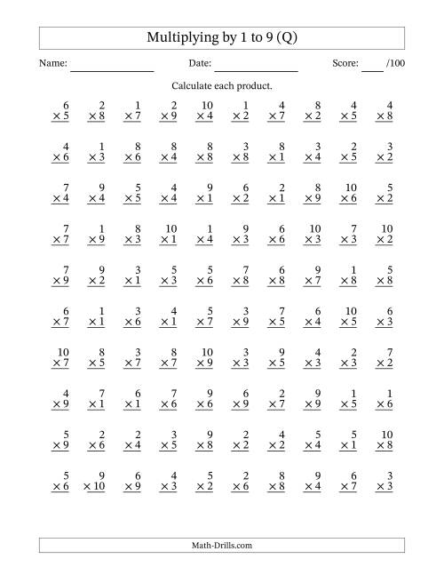 The Multiplying (1 to 10) by 1 to 9 (100 Questions) (Q) Math Worksheet
