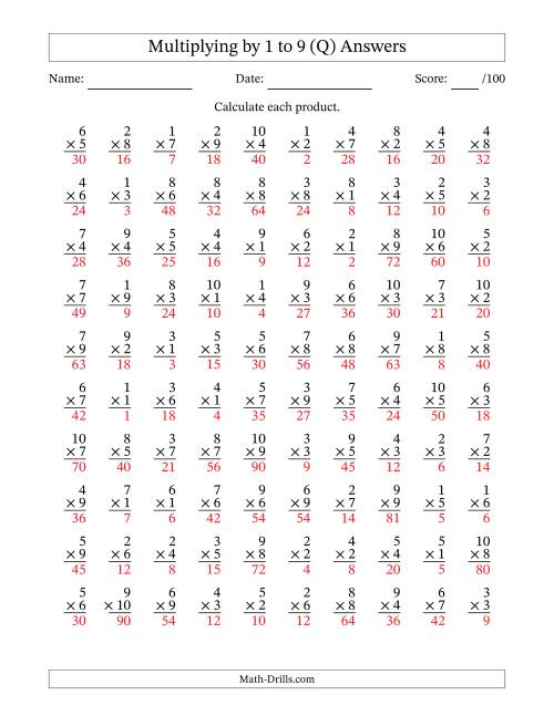 The Multiplying (1 to 10) by 1 to 9 (100 Questions) (Q) Math Worksheet Page 2