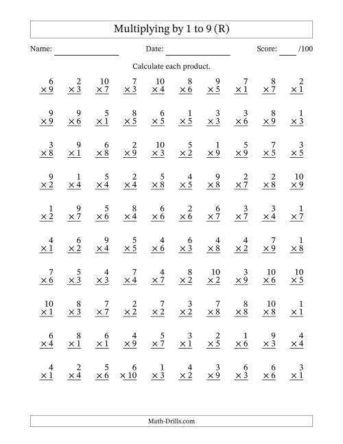 The Multiplying (1 to 10) by 1 to 9 (100 Questions) (R) Math Worksheet