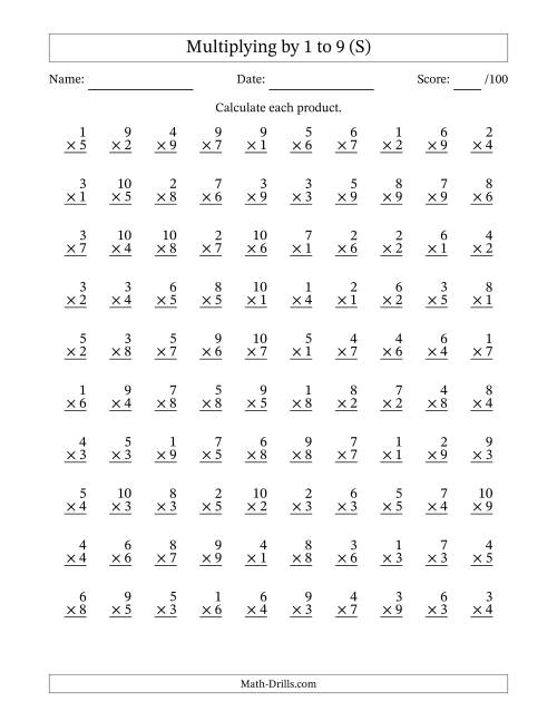 The Multiplying (1 to 10) by 1 to 9 (100 Questions) (S) Math Worksheet
