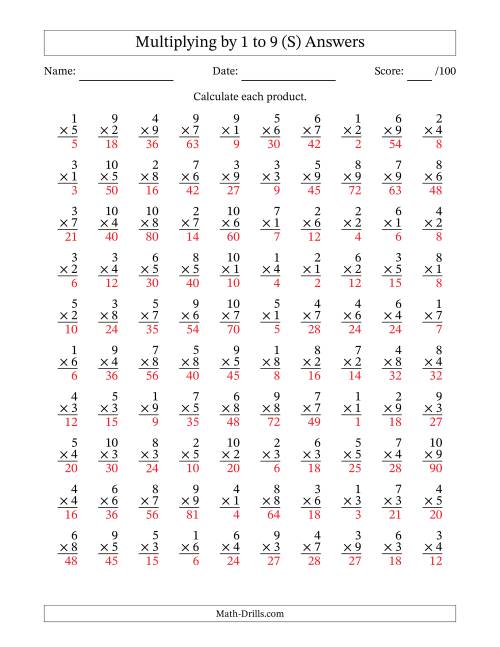 The Multiplying (1 to 10) by 1 to 9 (100 Questions) (S) Math Worksheet Page 2