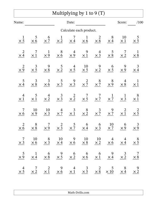 The Multiplying (1 to 10) by 1 to 9 (100 Questions) (T) Math Worksheet
