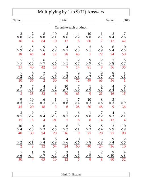 The Multiplying (1 to 10) by 1 to 9 (100 Questions) (U) Math Worksheet Page 2