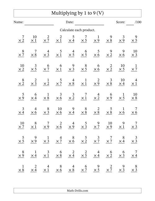 The Multiplying (1 to 10) by 1 to 9 (100 Questions) (V) Math Worksheet