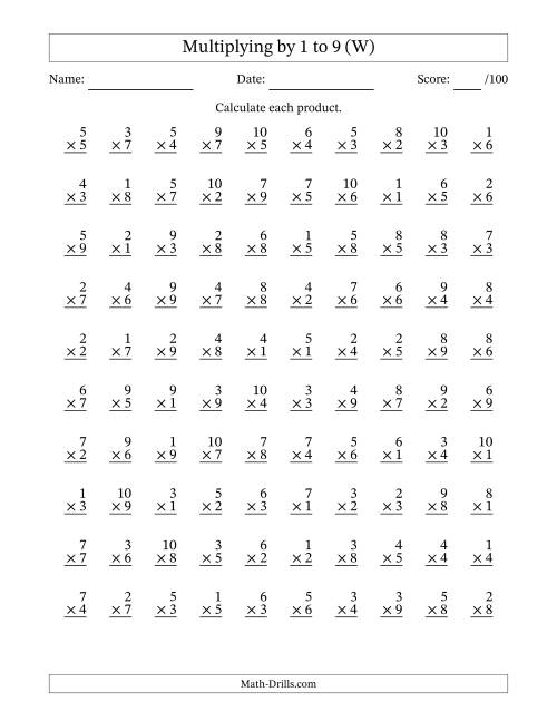 The Multiplying (1 to 10) by 1 to 9 (100 Questions) (W) Math Worksheet