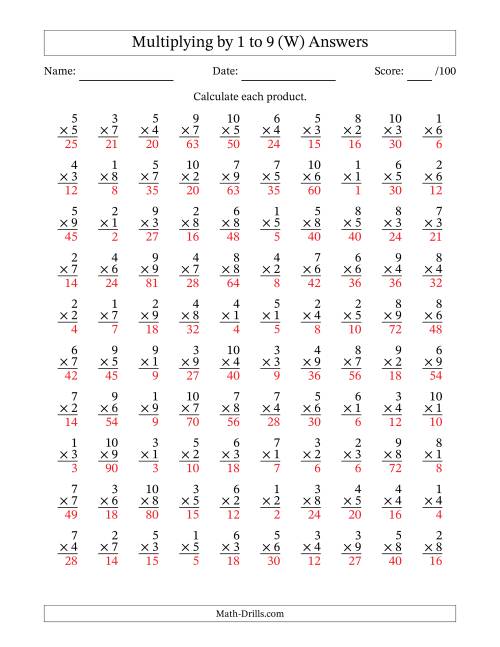 The Multiplying (1 to 10) by 1 to 9 (100 Questions) (W) Math Worksheet Page 2