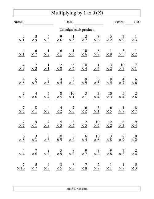 The Multiplying (1 to 10) by 1 to 9 (100 Questions) (X) Math Worksheet