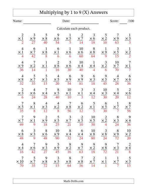 The Multiplying (1 to 10) by 1 to 9 (100 Questions) (X) Math Worksheet Page 2
