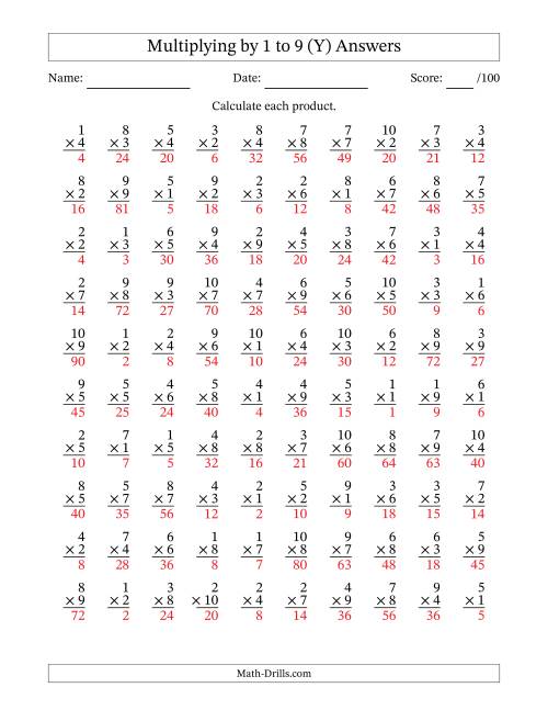 The Multiplying (1 to 10) by 1 to 9 (100 Questions) (Y) Math Worksheet Page 2
