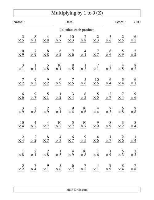 The Multiplying (1 to 10) by 1 to 9 (100 Questions) (Z) Math Worksheet
