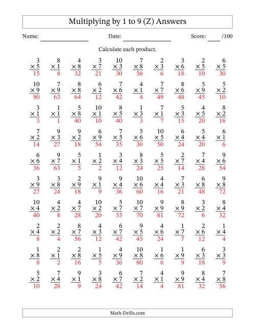 The Multiplying (1 to 10) by 1 to 9 (100 Questions) (Z) Math Worksheet Page 2