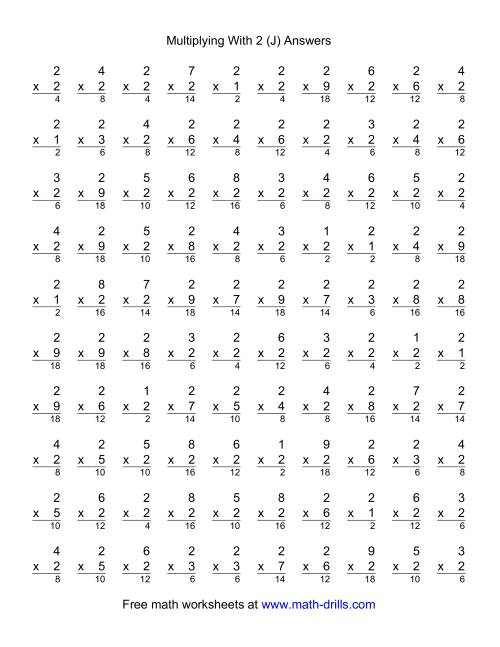 The 100 Vertical Questions -- Multiplication Facts -- 2 by 1-9 (J) Math Worksheet Page 2