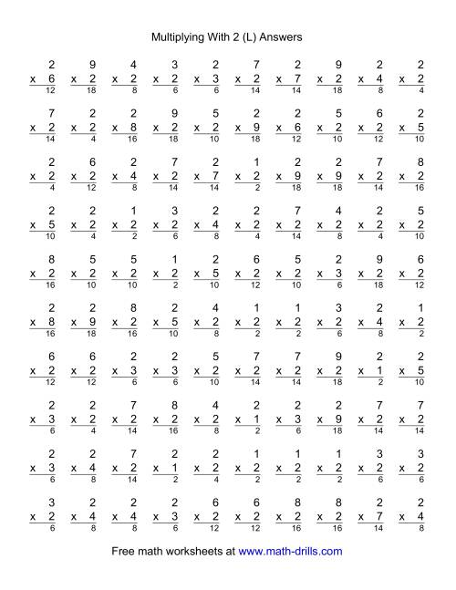 The 100 Vertical Questions -- Multiplication Facts -- 2 by 1-9 (L) Math Worksheet Page 2