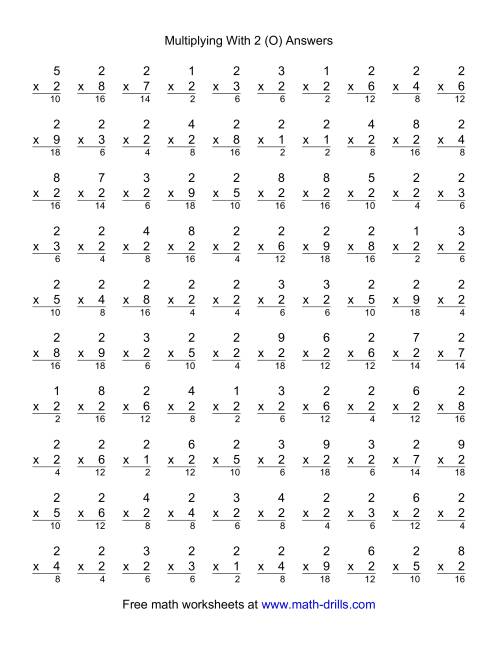 The 100 Vertical Questions -- Multiplication Facts -- 2 by 1-9 (O) Math Worksheet Page 2