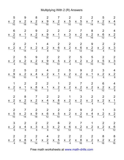 The 100 Vertical Questions -- Multiplication Facts -- 2 by 1-9 (R) Math Worksheet Page 2