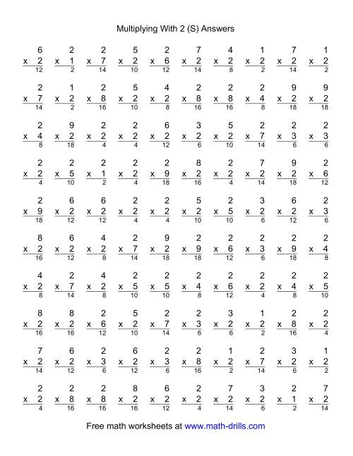 The 100 Vertical Questions -- Multiplication Facts -- 2 by 1-9 (S) Math Worksheet Page 2