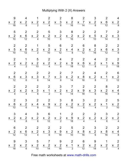 The 100 Vertical Questions -- Multiplication Facts -- 2 by 1-9 (X) Math Worksheet Page 2