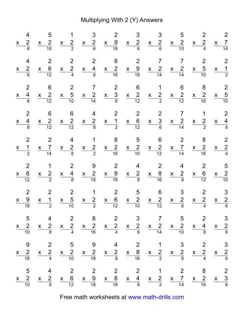 The 100 Vertical Questions -- Multiplication Facts -- 2 by 1-9 (Y) Math Worksheet Page 2