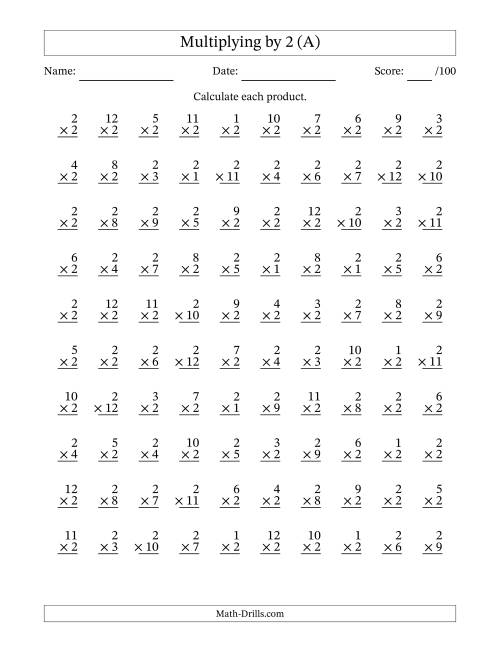 The Multiplying (1 to 12) by 2 (100 Questions) (A) Math Worksheet