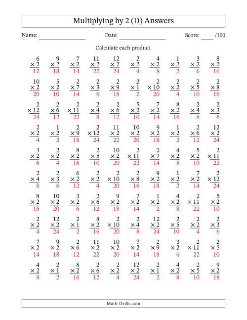 The Multiplying (1 to 12) by 2 (100 Questions) (D) Math Worksheet Page 2