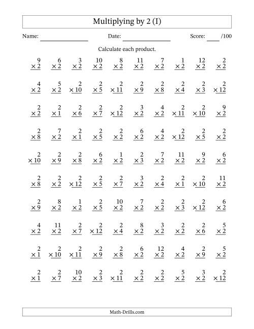 The Multiplying (1 to 12) by 2 (100 Questions) (I) Math Worksheet