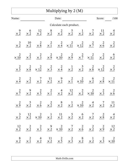 The Multiplying (1 to 12) by 2 (100 Questions) (M) Math Worksheet